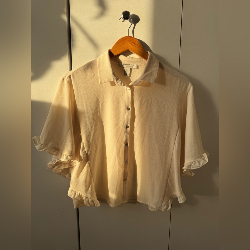 Forever 21 Beige Ruffle Sleeve Button-Down Shirt